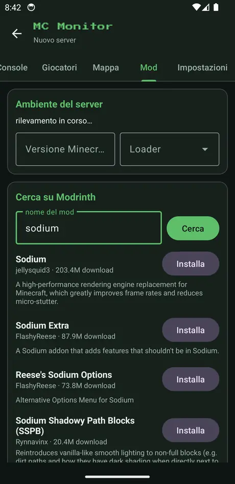 Ricerca di mod su Modrinth dentro l'app, con i risultati e il pulsante Installa accanto a ciascuno.