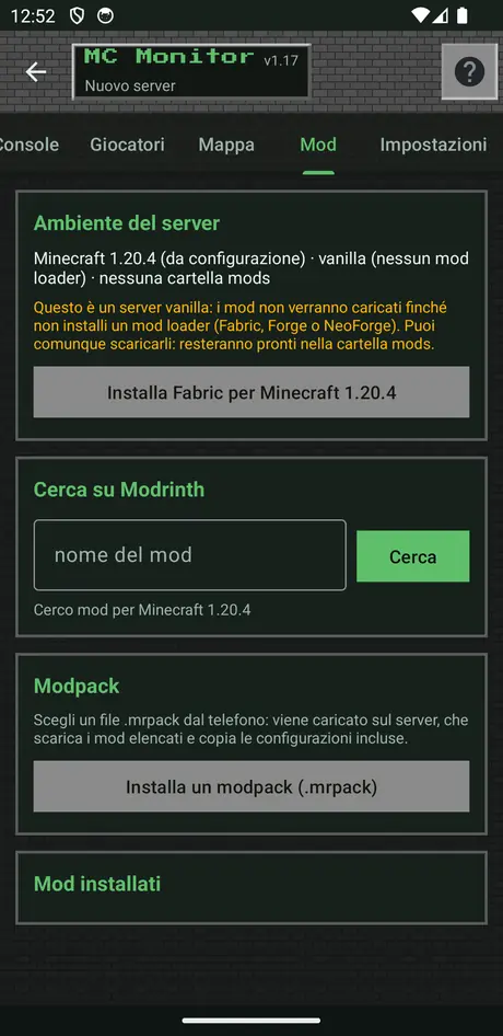 Scheda Mod: ambiente del server, installazione di Fabric per una versione di Minecraft e importazione di un modpack.