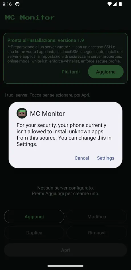 L'app annuncia che una nuova versione è pronta all'installazione, mentre Android chiede il permesso di installare app da questa origine.