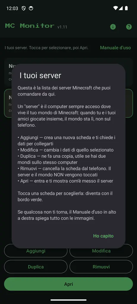 Riquadro di aiuto contestuale aperto sopra l'elenco dei server, che spiega a cosa serve la schermata.