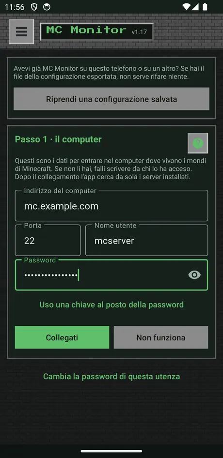 Schermata Passo 1: i campi indirizzo, porta, nome utente e password del computer Linux, con i pulsanti Collegati e Non funziona.