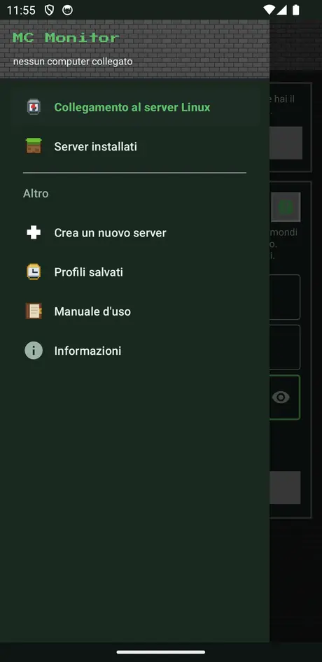 Menu laterale dell'app con le voci Collegamento al server Linux, Server installati, Crea un nuovo server, Profili salvati, Manuale d'uso e Informazioni.