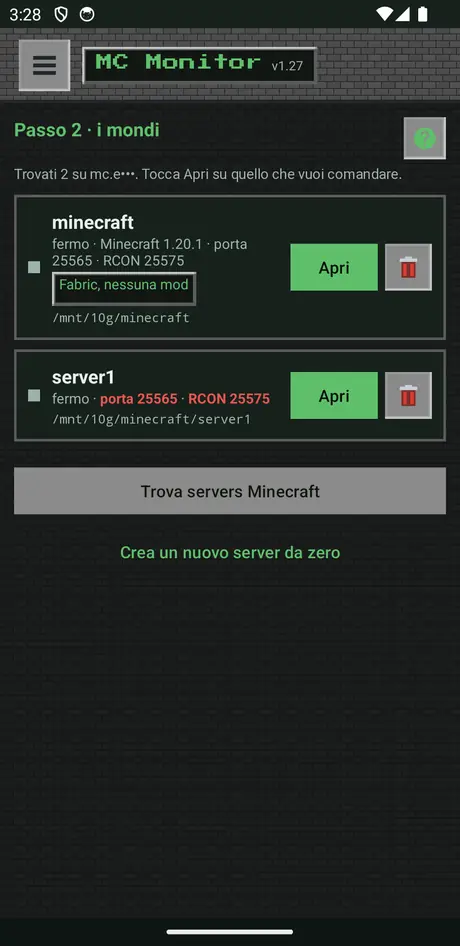 Schermata Passo 2: elenco dei server LinuxGSM trovati, ciascuno con stato, versione di Minecraft, porte e cartella.